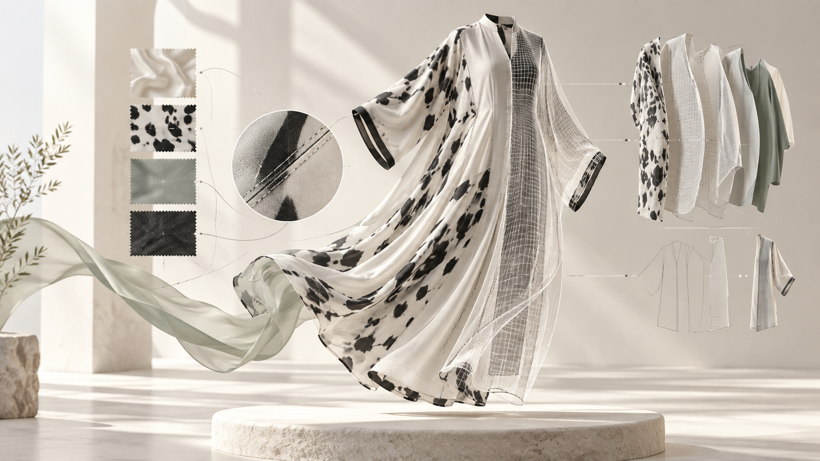 Fabric swatches, garment construction and a finished NORA QANNI piece